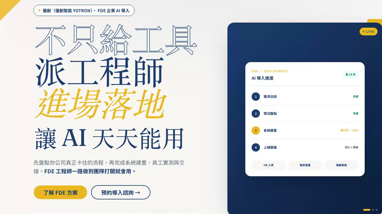 Yotron 企業 AI 首頁主標、FDE 部署進度卡與導入 CTA
